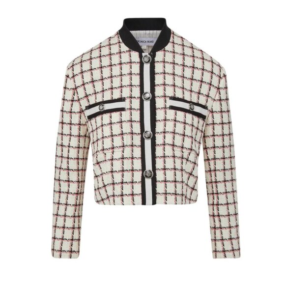 NWOT Veronica Beard Ellicot Tweed Crop Jacket In Ecru Multi Size 4 Graphic Check - Picture 3 of 10